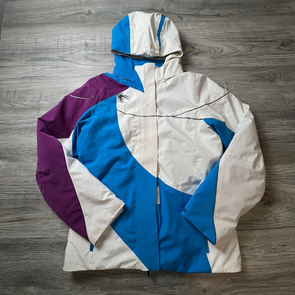 Spyder Ski Jacket Kids 16 White Blue Purple Colorblock Hooded Insulated 125204
